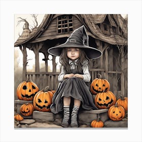 Little Witch With Pumpkins Canvas Print