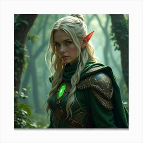 Elven Warrior With Intricate Armor, Glowing Green Eyes, Mystical Forest Background 1 Canvas Print