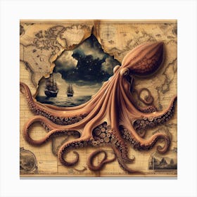 Octopus On A Map 3 Canvas Print