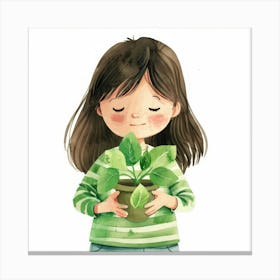 Little Girl Holding A Plant Canvas Print