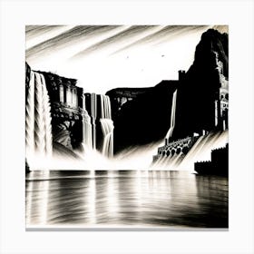 Black And White Drawing Of A Waterfall Canvas Print