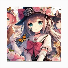 Anime Girl With Cats And Butterflies Canvas Print