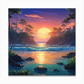 Serene Sunset at a Rocky Beach With Lush Foliage and Calm Waters Canvas Print