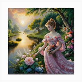 Sunset Harmony Graceful Woman In Pink Dress, Oil Painting (2) Canvas Print