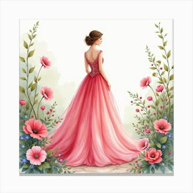 Beautiful Gown Watercolor, Set In A Lush Garden Of Blossoms 1 Canvas Print