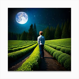 Young Boy Looking At The Moon Canvas Print