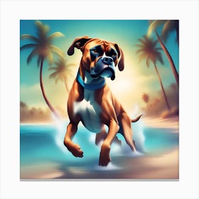 A dog boxer swimming in beach and palm trees 6 Canvas Print