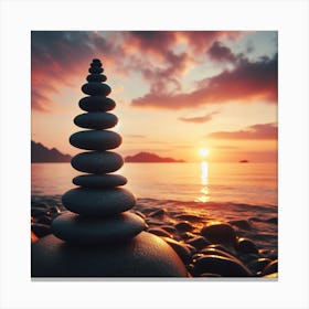 Balancing Stone On The Beach At Sunset Canvas Print