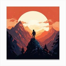 Man Standing On Top Of A Mountain, A Lone Mountain Climber Reaching The Summit Representing Perseverance Canvas Print