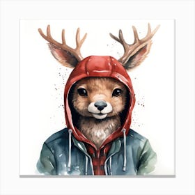 Watercolour Cartoon Reindeer In A Hoodie 3 Canvas Print