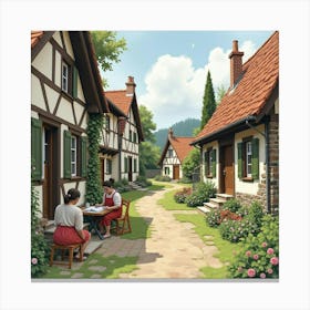 Romanian Artisans Crafting In English Village, Watercolor Scene 1 Canvas Print