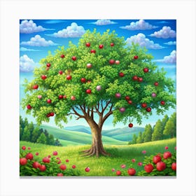 Apple Tree With Red Apples In Field Canvas Print