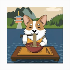 Japanese Corgi Eating Ramen Canvas Print