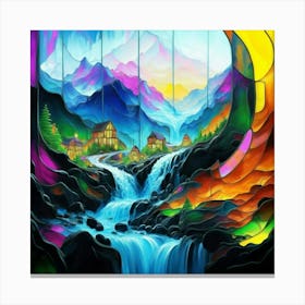 Abstract art stained glass art of a mountain village in watercolor 4 Canvas Print