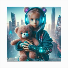 Futuristic Girl Holding Teddy Bear Canvas Print