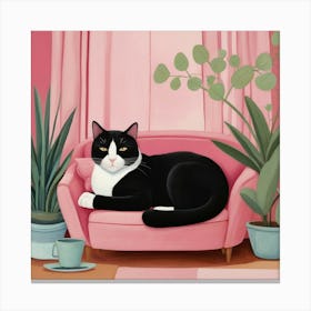 Default Cat Nap Tuxedo Cat Napping In Pink Interior Art 1 Canvas Print