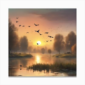 Sunset With Birds Canvas Print