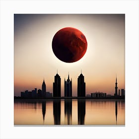 Blood Moon Over Dubai, Orange Moon, City Skyline at night, Red Moon,Exotic Illustration, Digital Art Print Canvas Print