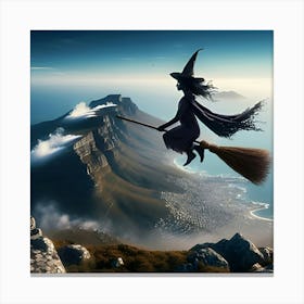 A Witch On Her Broom Flying Over Table Mountain Cape Town 3 Canvas Print