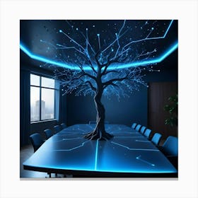 Modern Conference Room With A Glowing Blue Tree Centerpiece Symbolizing Connection And Innovation Canvas Print