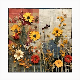 Flowers On Paper, Eclectic collage with vibrant dried flowers and textured backgrounds of fabric swatches, handwritten notes, and sheet music Canvas Print