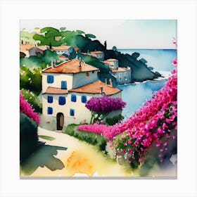 Watercolor Of A House By The Sea Canvas Print