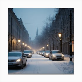 A Dimly Lit Snowy Street Lined With Parked Cars Has Buildings In The Background, Streetlights Providing Safety Amid The Peaceful White Surroundings 2 Canvas Print