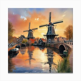 Sketching Amsterdam S Windmills At Sunset, Capturing The Essence Of Dutch Life Style Windmill Sunset Impressionism Art Print 2 Canvas Print