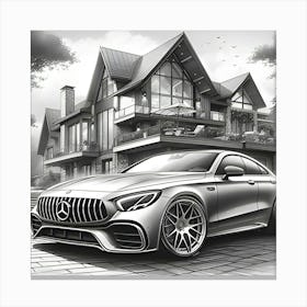 A Pencil Drawing Of A Mercedes Benz AMG In Front Of A Beautiful Modern Mansion   Canvas Print