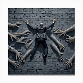 Man With Hands Reaching Out Of A Brick Wall Canvas Print