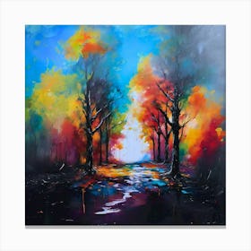 Autumn Forest, Autumn forest path. Orange color tree, red brown maple leaves in fall city park. Nature scene in sunset fog Wood in scenic scenery Bright light sun Sunrise of a sunny day, morning sunlight view, landscape art. Canvas Print