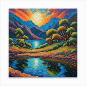 Twilight Brilliance: Sunset Reflections Over Tranquil Waters and Lush Mountainscape wall art. Canvas Print