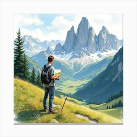 Watercolor Portrait Of An Italian Artist Painting The Stunning Dolomites Landscape Canvas Print