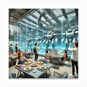 A Futuristic Dining Scene Featuring Tourists Enjoy Canvas Print