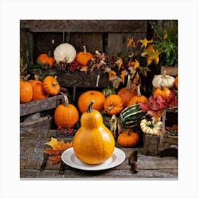 An Autumnal Photography Arrangement Depicting A Vibrant Orange Gourd Amidst A Thanksgiving Meal Sett (1) Canvas Print