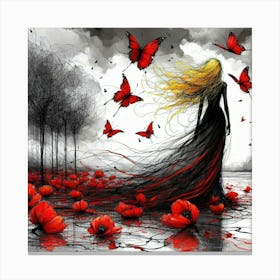 Girl With Red Butterflies Canvas Print