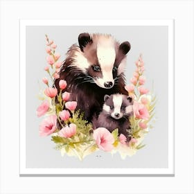 Watercolor Spring Mama And Baby Badgers Canvas Print