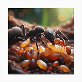 A Black Ant And Red Brown Ant Collecting Food 6 Stampe su tela