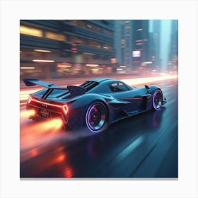 Sleek Flying Car With Wings, Zooming Through A Glowing Urban Landscape 1 Canvas Print