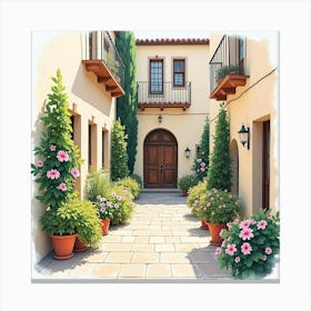 Watercolor Painting Of A Serene Spanish Courtyard With Blooming Flowers Canvas Print