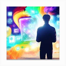 Man Looking At A Computer Screen Future Of Mobile Applications Development In Colorful Dreaming Life Canvas Print