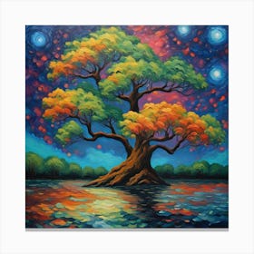 Mystical Serenity: Celestial Tree Artwork Capturing the Dance of Light and Season Canvas Print