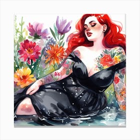 Plus size tattooed woman, sitting in water | colorful | watercolor art Canvas Print