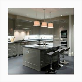 A Stunning, Fully Fitted Kitchen Exudes Sophistication In A Soothing Palette Of Neutral Grey And Charcoal, With Sleek, High Gloss Cabinets That Reflect The Soft, Warm Lighting 5 Canvas Print