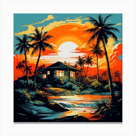 House At Sunset,Tropical Dream Home: A Serene Sunset Oasis with a Majestic Coconut Tree Canvas Print