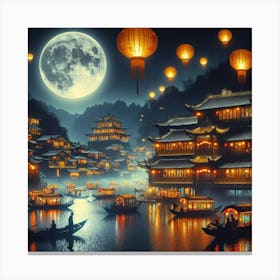 Enchanting Night Scene: Full Moon, Traditional Chinese Boats, and Illuminated Village in Moonlight with Flying Lanterns - Chinese Art Serenity. Canvas Print