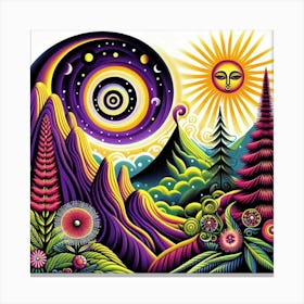 Mountain With Spiral Moon Sun Bottlebrush Tree Canvas Print