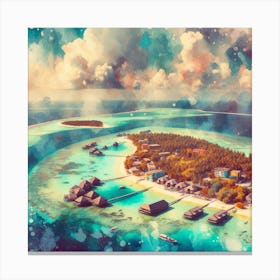 Atoll Serenity, A watercolor painting capturing the vibrant blues and greens of the atoll, with gentle waves lapping against its shores. This artwork would be well-suited for a living room or a spacious hallway where it can be a focal point, bringing in an element of nature and tranquility into your home. 1 Canvas Print