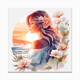 Watercolor Of A Girl With Flowers on beach Canvas Print