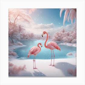 Digital Oil, Flamingo Wearing A Winter Coat, Whimsical And Imaginative, Soft Snowfall, Pastel Pinks, (3) Canvas Print